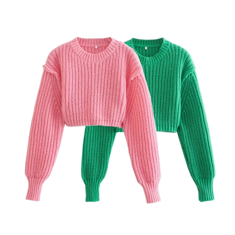 Cropped Sweater Women Ribbed Knit Round Neck Long Sleeve Solid Color Dropped Shoulder Casual Fashion Elegant Top