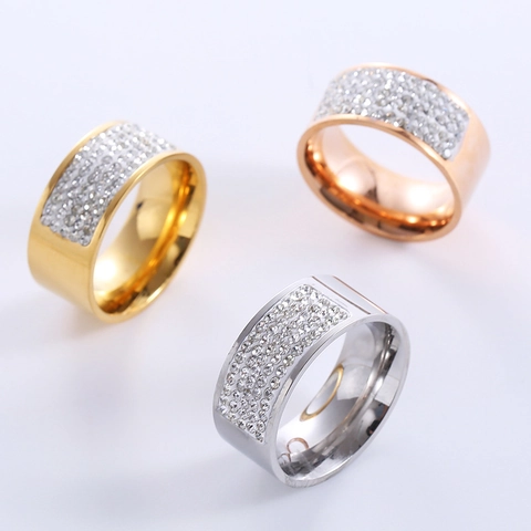 Anillo De Banda Ancha Con Cinco Filas De Diamantes De Imitación Acero Inoxidable 316L Pavé De Circonita Joyería Para Mujer