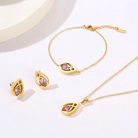 Collana Bracciale Orecchini A Goccia Acciaio Inossidabile Pietra Rosa Vetro Design Vuoto Elegante Donna