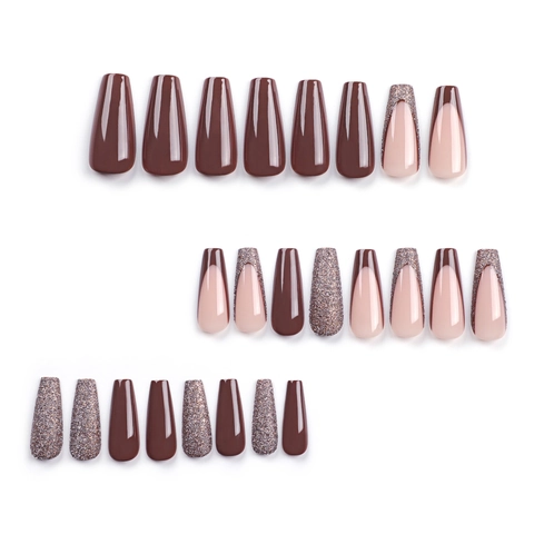 Bruine Nude Press On Nagels Lange Coffin Valse Nagels French Tips Glitter Elegante Manicure Voor Dames