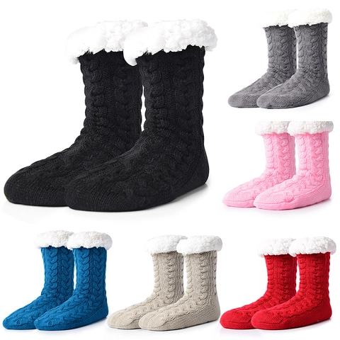 Damen Winter Zopfmuster Fleece Gefütterte Hausschuhsocken Dicke Warme Rutschfeste Bodensocken Für Zuhause Acryl Wadenhoch