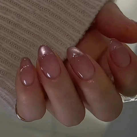Press On Nails Gradient Katzenauge Französischer Stil Rosa Glänzend ABS Kunststoff Ovale Künstliche Nägel Für Frauen