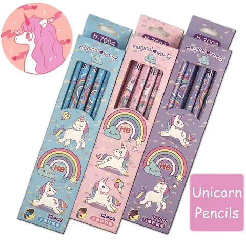 HB Houten Potloden Ergonomische Driehoekige Grip Cartoon Eenhoorn Regenboog Patroon Voor Student Schrijven Tekenen Met Gum