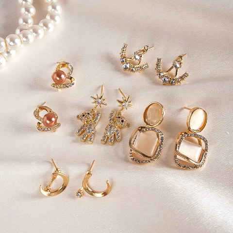 Pendientes Con Circón Diamante De Imitación Perla Artificial Oso Luna Geométrico Y Poste De Plata 925 Moda Elegante Para Mujeres