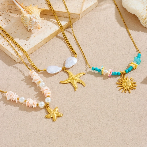Collar De Acero Inoxidable Con Dijes De Concha Estrella De Mar Sol Joyería Boho De Vacaciones En La Playa Para Mujeres Chapado En Oro