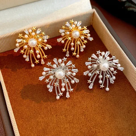 Firework Artificial Pearl Stud Earrings Starburst Zircon Copper Gold Plated With Silver Earring Post For Women Elegant Luxury