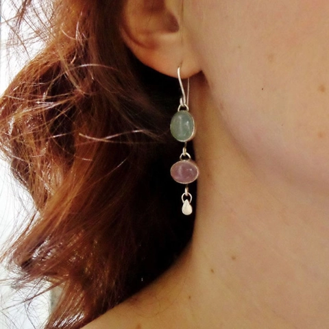 Retro Dangle Earrings With Oval Cat Eye Stone And Metal Teardrop Pendant Asymmetric Boho Minimalist Jewelry For Women