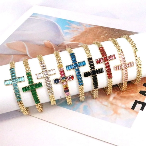 Bracciale Con Ciondolo a Croce in Rame Zirconia Hip Hop Per Donna Gioielli Di Moda Con Catena a Maglie a Foglia Strass