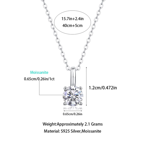 925 Sterlingsilber Moissanit Anhänger Halskette Rundschliff Solitär 1ct Lab Diamond Vier-Krallen Weißgold Schmuck