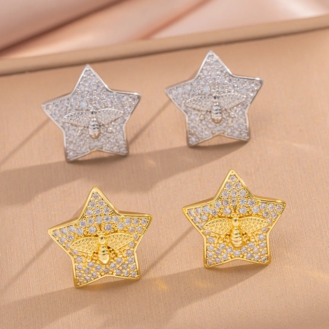 Orecchini A Lobo Con Stella E Ape In Rame Placcato Oro Vero Con Zirconia Gioielli Alla Moda Per Donna