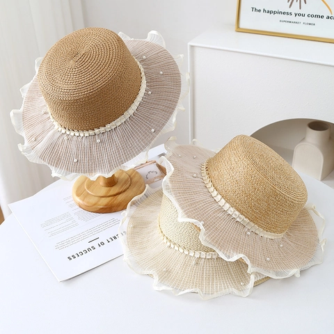Women Summer Straw Boater Hat Mesh Lace Trim Faux Artificial Pearl Decor Flat Top Breathable Elegant Sun Protection Beach Hat