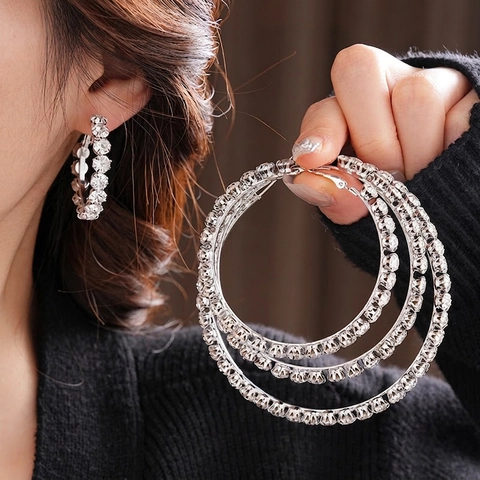 Oversized Rhinestone Hoop Earrings Copper Geometric Luxury Statement Jewelry For Women With Silver Earring Post