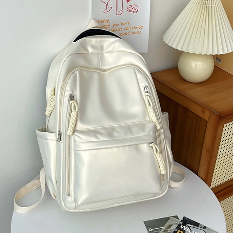 Minimalist Glossy PU Leather Backpack Waterproof Large Capacity School Bookbag For College Students Solid Color Travel Chic