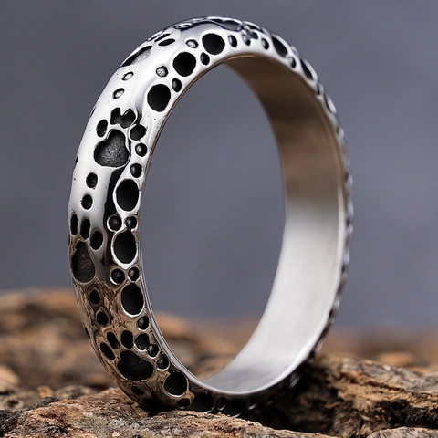 Stainless Steel Ring For Men Retro Moon Crater Bubble Texture Punk Style Band Jewelry