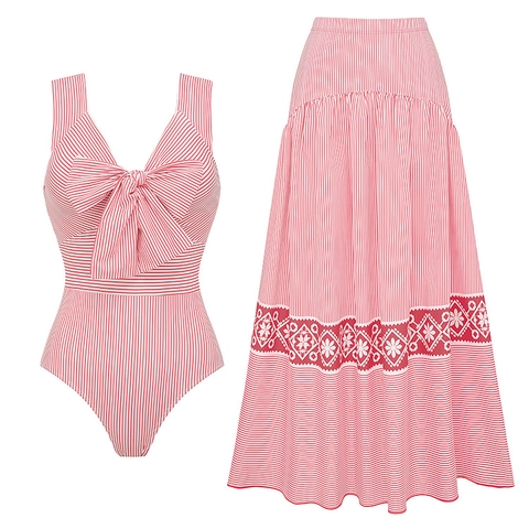 Striped Monokini Swimsuit And Maxi Skirt Nylon Polyester Quick Dry Beach Vacation Bow V Neck Retro Women Holiday Swimwear