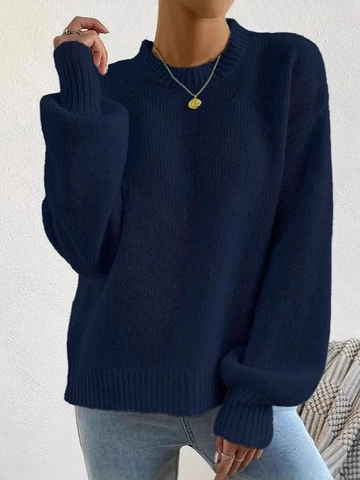 Damen Pullover Rundhalsausschnitt Einfarbig Grobstrick Locker Passform Langarm Lässig Warm Winter Herbst Strickwaren Oberteil