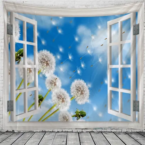 Tapiz Vista Ventana 3D Poliéster Colgante Pared Paisaje Playa Naturaleza Tela Fondo Decoración Hogar