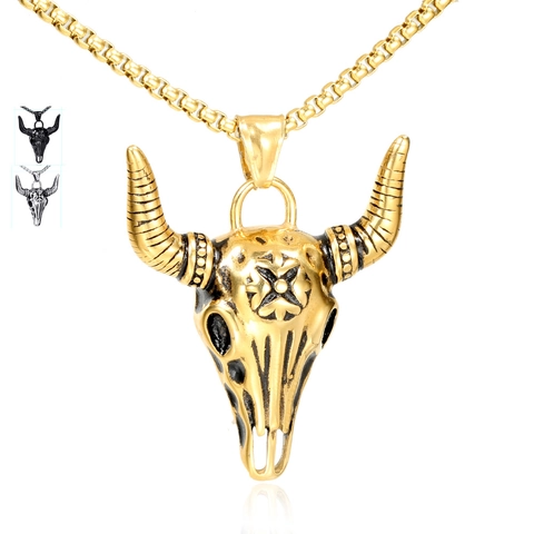 Bull Head Skull Pendant Necklace Retro Stainless Steel Punk Ox Horn Jewelry For Men Women Vintage