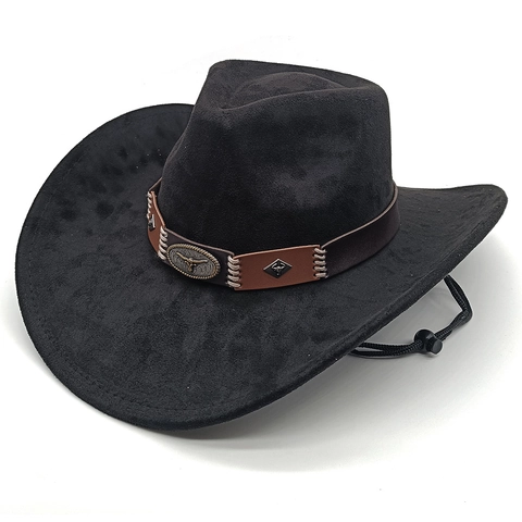 Western Cowboy Hat Vintage Suede Wide Brim With Bull Head Leather Band And Adjustable Windproof Rope For Outdoor Ethnic Style