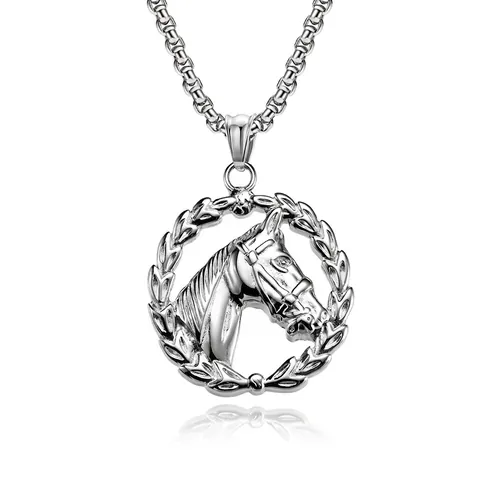 Retro Horse Head Pendant Necklace Stainless Steel Laurel Wreath Animal Medallion Jewelry Men Women Hip Hop Style
