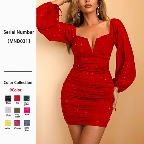 Vestito Mini Aderente Sexy Scollo A V Profondo Paillettes Increspato Maniche A Lanterna In Rete Schiena Scoperta