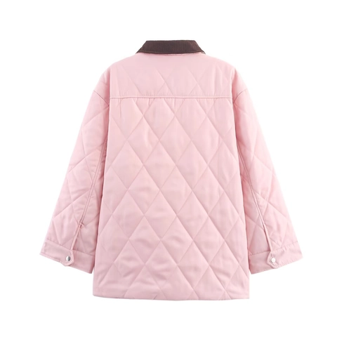 Giacca Trapuntata a Rombi da Donna Con Colletto in Velluto a Coste Marrone Bottoni a Pressione Casual Caldo Cappotto Autunno Inverno