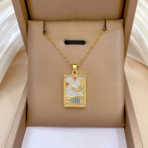 The Moon Tarot Card Pendant Necklace In Titanium Steel And Copper With Mother Of Artificial Pearl Zircon Inlay Vintage Gold For Women