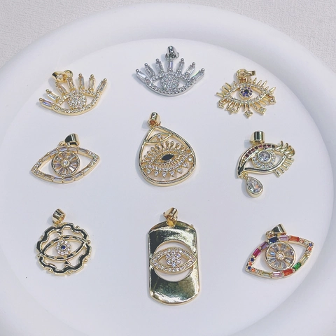 Ciondolo Malocchio Rame Zircone Micro Pavè Placcato Oro Per Creazione Gioielli Fai Da Te Collana Bracciale Accessorio