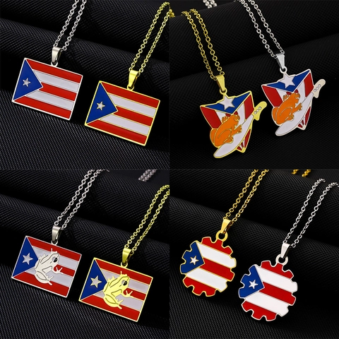 Vintage Stainless Steel Puerto Rico Flag Coqui Frog Pendant Necklace For Men Women Gold Silver Plated Enamel Ethnic Jewelry