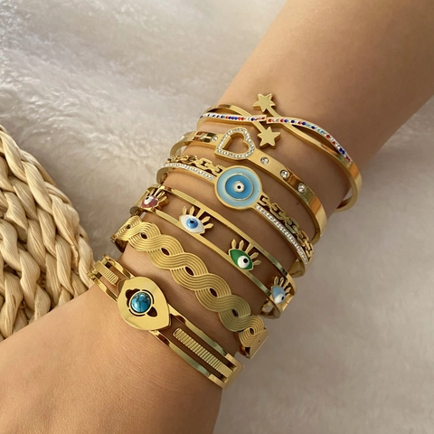 Böser Blick Armreif Edelstahl Vergoldet Herz Stern Emaille Strass Boho Mode Schmuck Für Damen