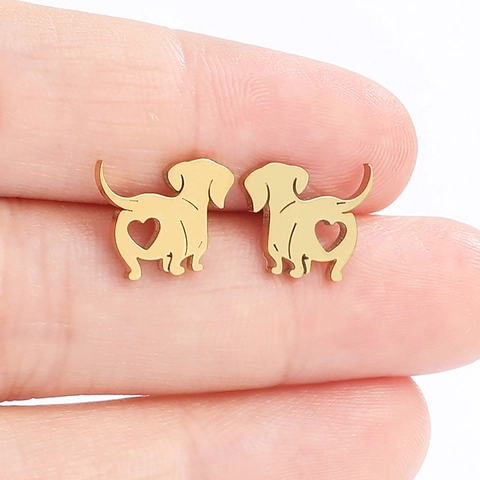 Dachshund Dog Stud Earrings Stainless Steel With Hollow Heart Cute Animal Silhouette Jewelry For Women Fashion
