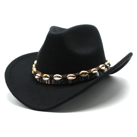Sombrero De Vaquero Retro De Fieltro De Lana Ala Ancha Fedora Con Banda Decorativa De Concha Estilo Bohemio Para Hombre Mujer