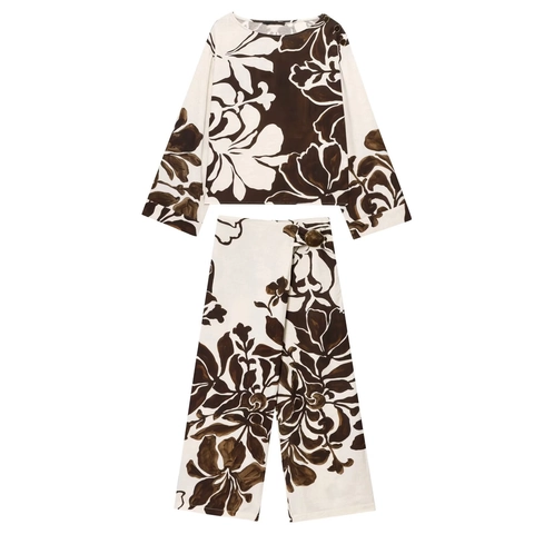 Ensemble Deux Pièces pour Femme Imprimé Floral Vintage Haut à Manches Longues et Pantalon Large Décontracté Rétro en Polyester
