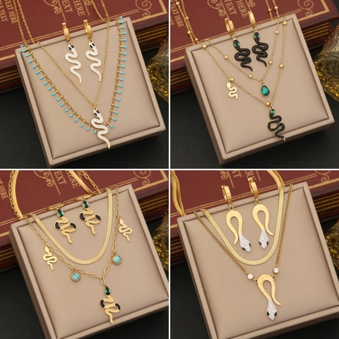 Gold Stainless Steel Snake Necklace And Earrings With Rhinestone Pave Turquoise Beads Double Layer Jewelry For Women