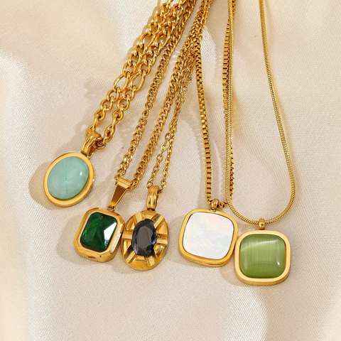 Collar Con Colgante Geométrico De Acero Inoxidable Piedra Preciosa Sintética Joyería Vintage Dorada Para Mujer