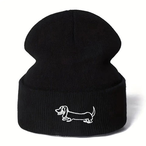 Dachshund Embroidered Knit Beanie Hat Acrylic Warm Winter Cuffed Skull Cap For Women And Men Cartoon Cute Dog Pattern