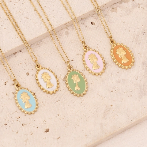 Collana Con Ciondolo A Rilievo Ritratto Cammeo Vintage Acciaio Inossidabile Placcato Oro Smalto Fascino Ovale Per Donna