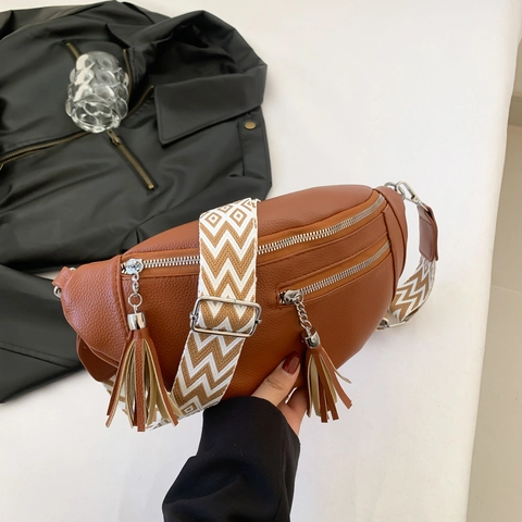 Marsupio Da Donna Pelle PU Trama Litchi Cerniera Con Nappine Tracolla Larga Geometrica Borsa Da Petto Casual Moda Tracolla