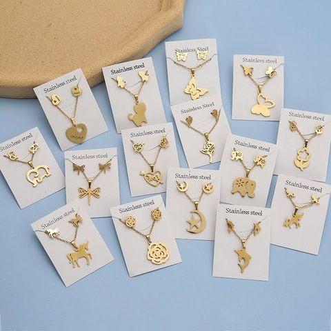 Collana E Orecchini In Acciaio Inossidabile Placcato Oro Farfalla Cuore Elefante Animali Pendenti Catena Clavicola Per Donne Gioielli Regalo