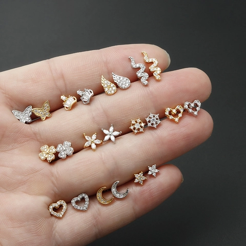 Orecchini Bottone Cartilagine Zirconi Micro Pavé Cuore Luna Stella Acciaio Inossidabile Sfera Vite Gioielli Piercing Corpo Per Donne