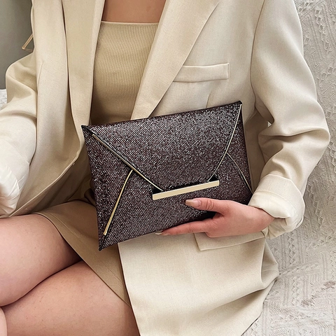 Glitter Sequins Evening Bag Envelope Clutch With Metal Trim For Women Formal Party Wedding Elegant Fashionable Accessory
