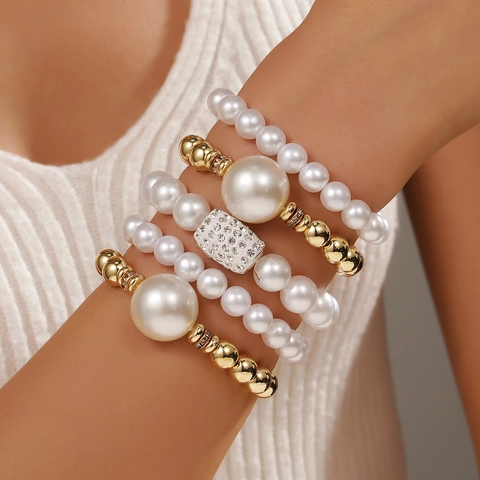 Imitation Artificial Pearl Beaded Bracelets Gold Alloy Rhinestone Layered Stackable Elegant Glamorous Women Elastic Jewelry