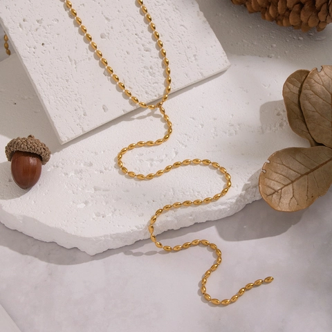 Y Necklace 18K Gold Plated Stainless Steel Beaded Chain Oval Beads Minimalist Versatile Jewelry For Women Waterproof