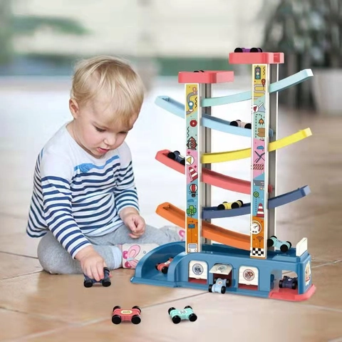 Toddler Racing Track Car Toy Colorful Plastic Multi-Layer Gravity Gliding Ramp Racer Vehicle Parking Lot Play Gift