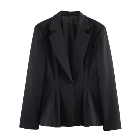 Women Blazer Polyester Slim Fit Peplum Hem Single Button Lapel Office Lady Casual Solid Color Long Sleeve Non-Iron Coat
