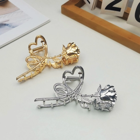 Eleganter Metall Rosenblume Herz Haarklammer Retro Legierung Shark Jaw Kopfschmuck Für Frauen