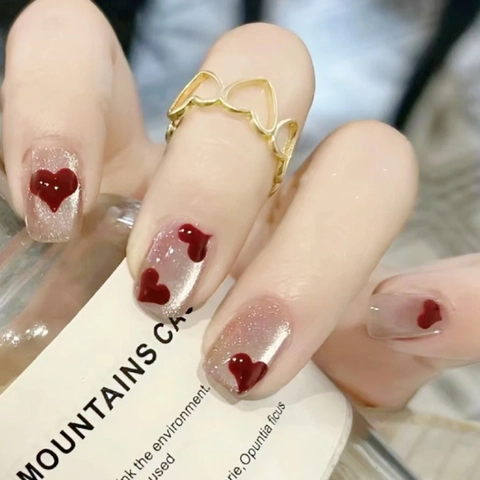 Cat Eye Press On Nägel Kurz Quadratisch Herzmuster Glitzer Künstliche Falsche Nägel Süßer Stil