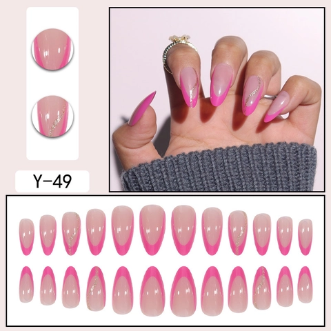 Pink French Tip Press On Nails Almond Shape Gold Glitter Wave Design Luxury Fashionable Artificial Finger Nails For Women