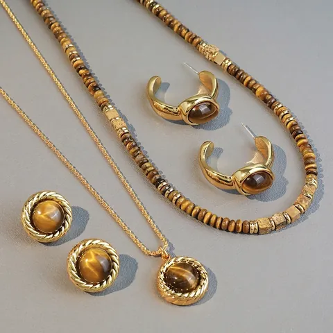 Collana Di Perle Occhio Di Tigre Retro Maillard Con Acciaio Inossidabile Placcato Oro 18K E Pietra Paesaggio