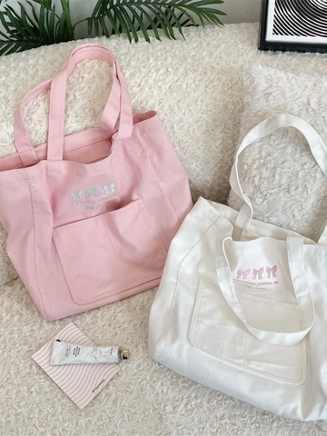 Damen Canvas Tote Bag Mit Bogenstickerei Große Kapazität Ästhetische Schulterhandtasche Für Schule Und Alltag